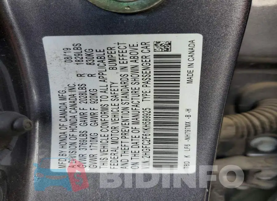 2HGFC2F61KH589925 Photo# 12