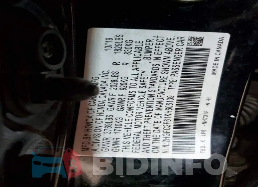 2HGFC2F61KH606139 Photo# 12