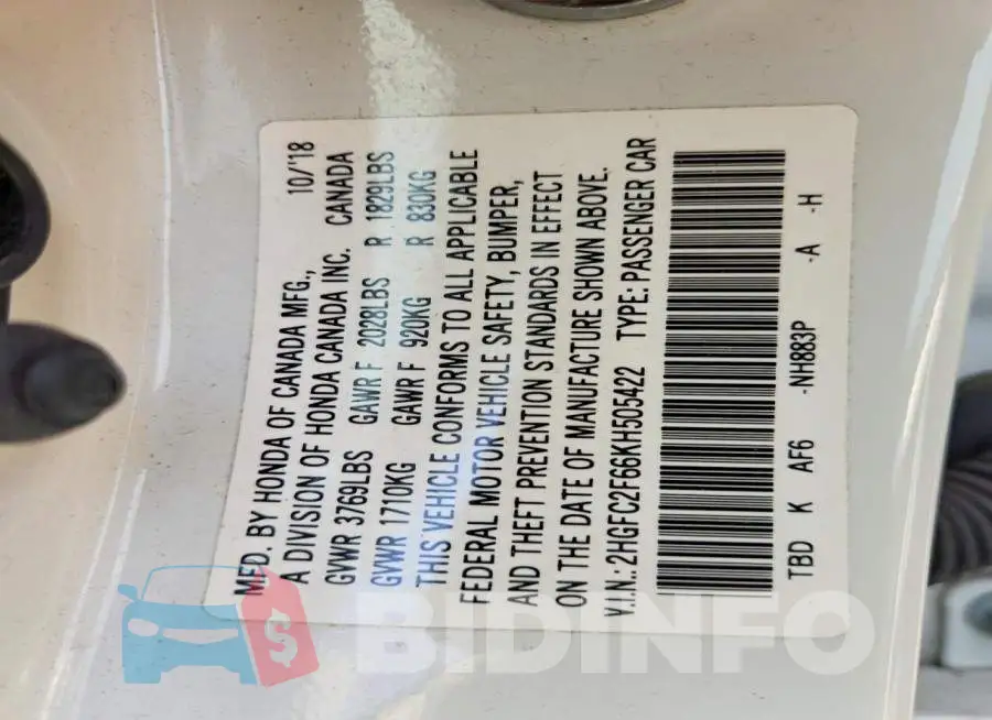 2HGFC2F66KH505422 Photo# 12
