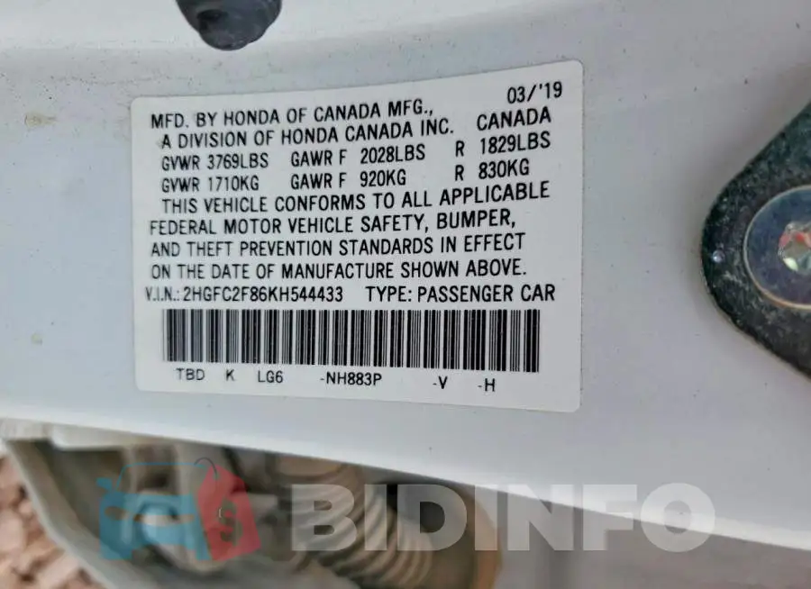 2HGFC2F86KH544433 Photo# 12