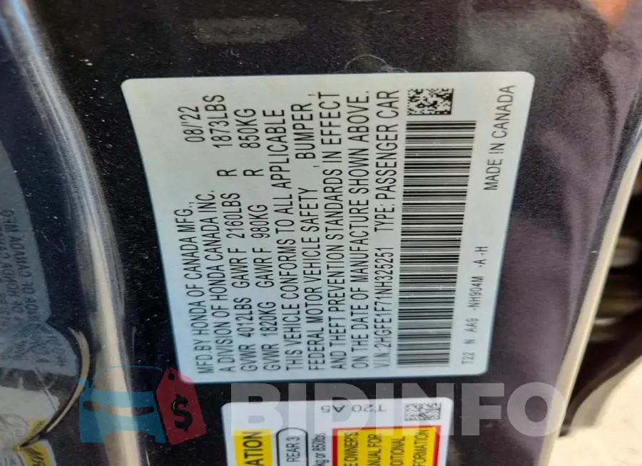 2HGFE1F71NH325251 Photo# 12