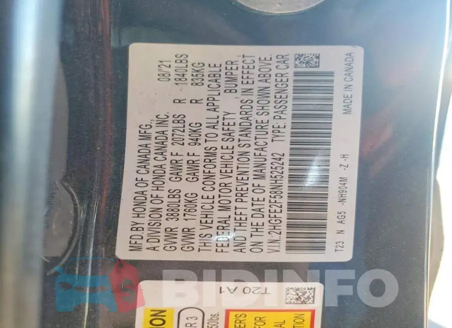2HGFE2F58NH525242 Photo# 13