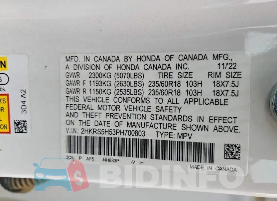 2HKRS5H53PH700803 Photo# 13