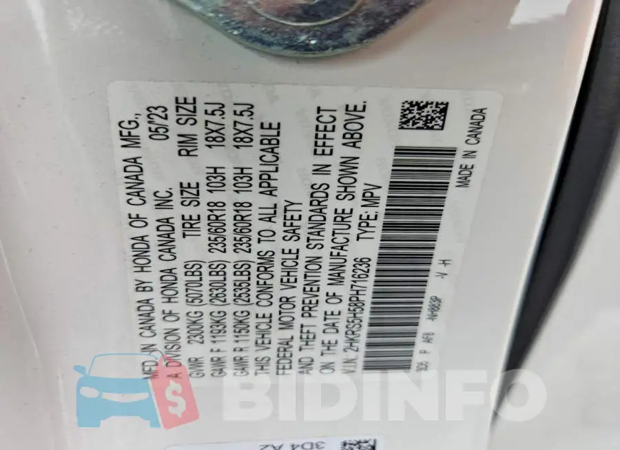 2HKRS5H58PH716236 Photo# 13