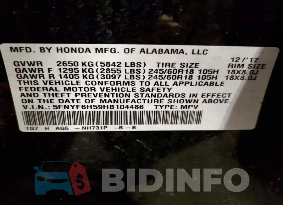 5FNYF6H59HB104486 Photo# 14