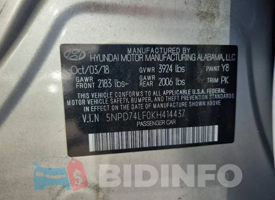5NPD74LF0KH414437 Photo# 12