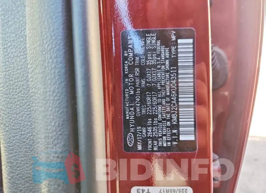 KM8J2CA46KU043511 Photo# 12
