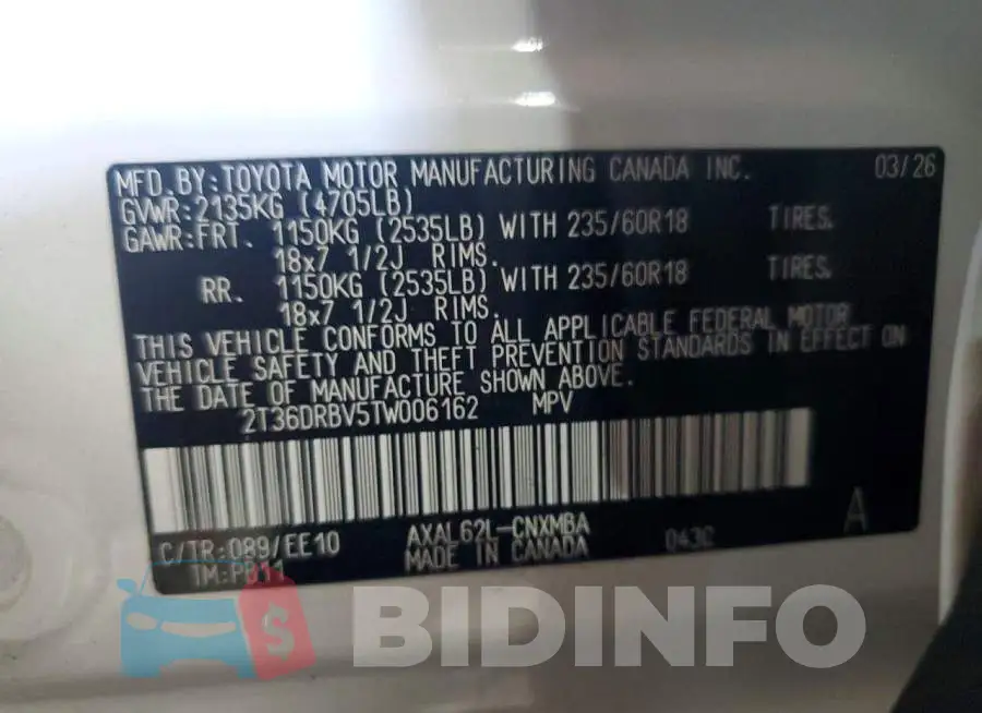 2T36DRBV5TW006162 Photo# 14