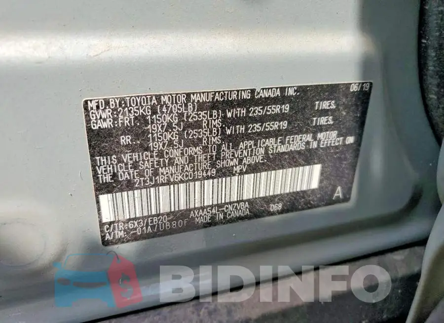 2T3J1RFV6KC019449 Photo# 12