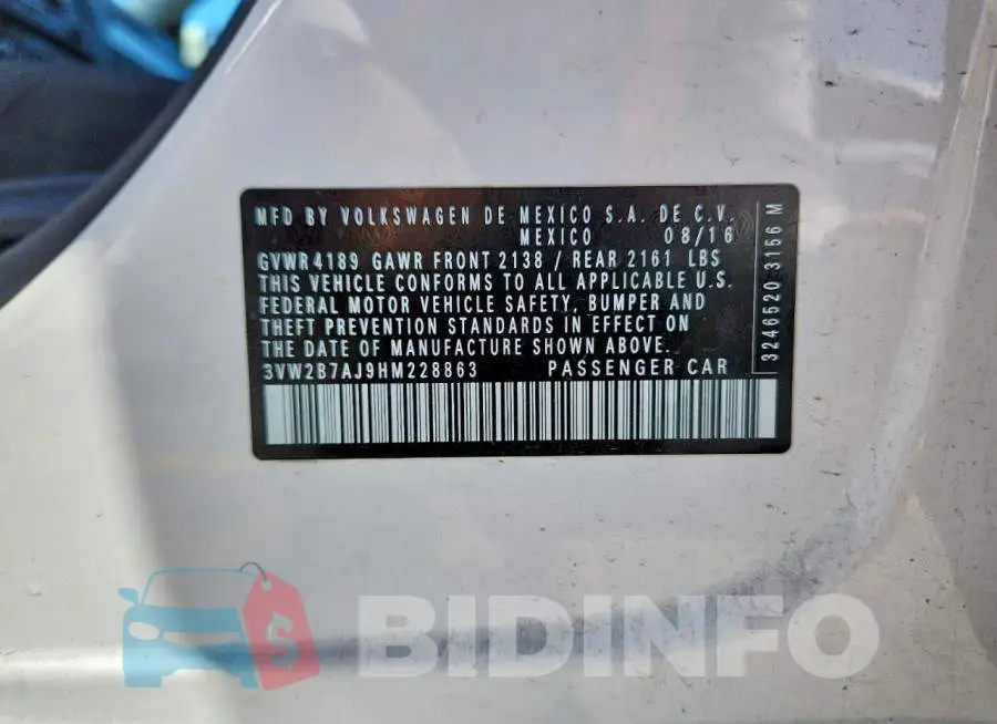 3VW2B7AJ9HM228863 Photo# 12