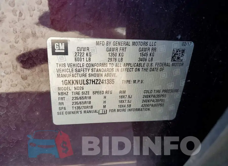 1GKKNULS7HZ241385 Photo# 14