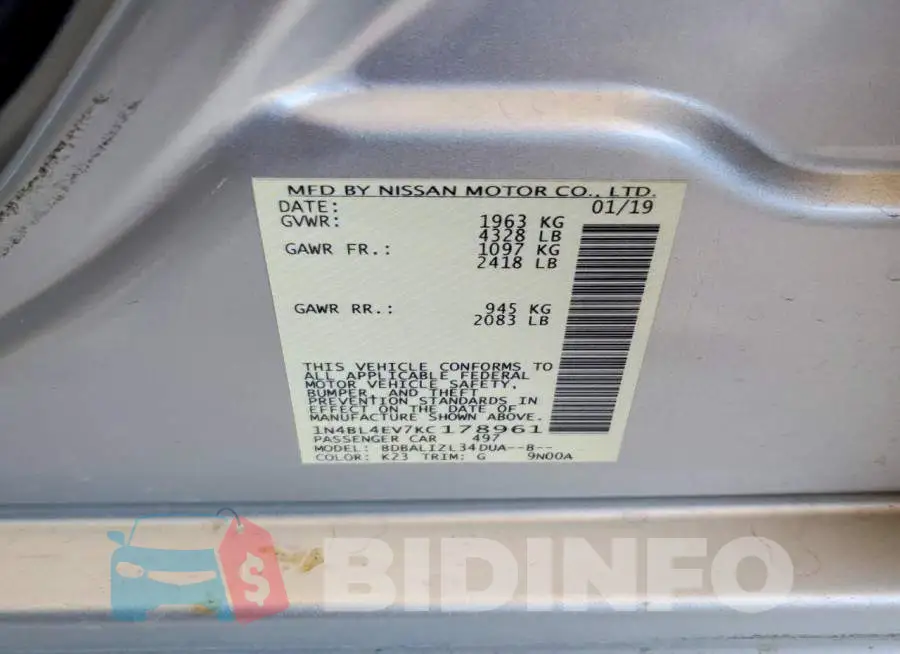 1N4BL4EV7KC178961 Photo# 13