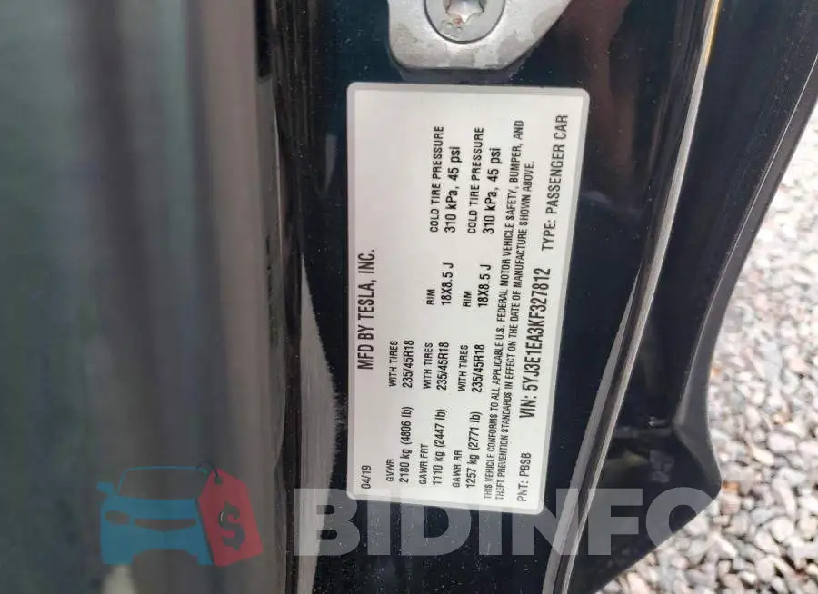 5YJ3E1EA3KF327812 Photo# 12