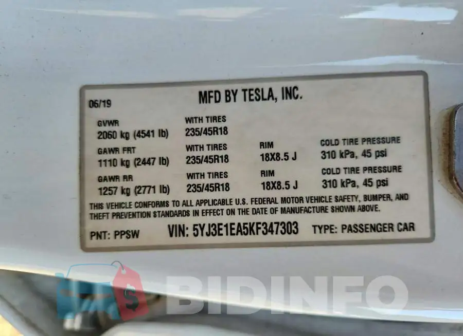 5YJ3E1EA5KF347303 Photo# 12