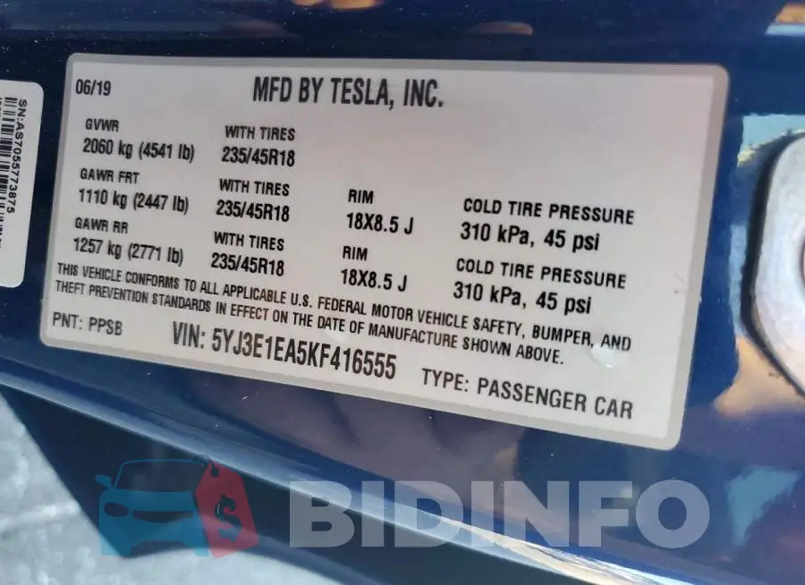 5YJ3E1EA5KF416555 Photo# 12