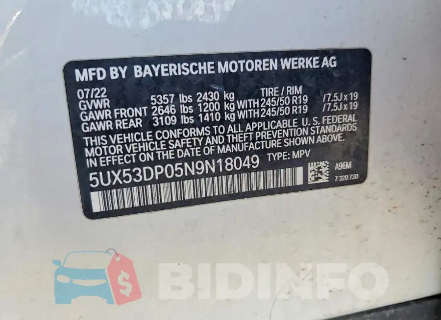 5UX53DP05N9N18049 Photo# 14