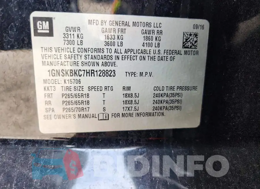 1GNSKBKC7HR128823 Photo# 14