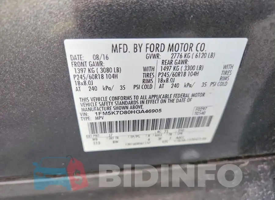 1FM5K7D80HGA46905 Photo# 13