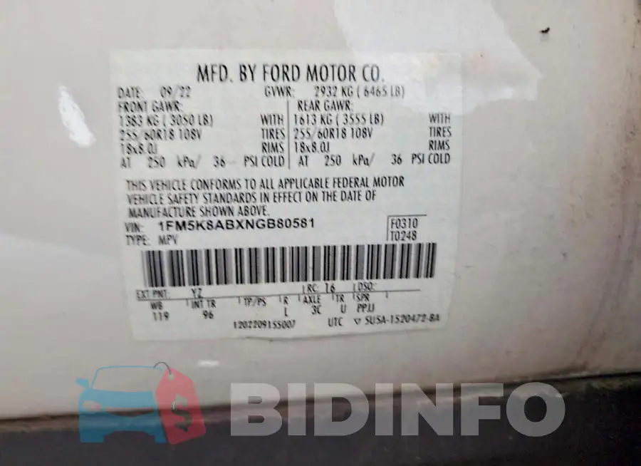 1FM5K8ABXNGB80581 Photo# 14