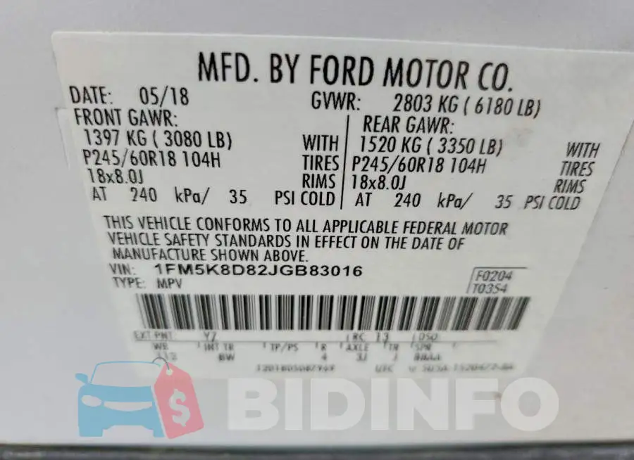 1FM5K8D82JGB83016 Photo# 12