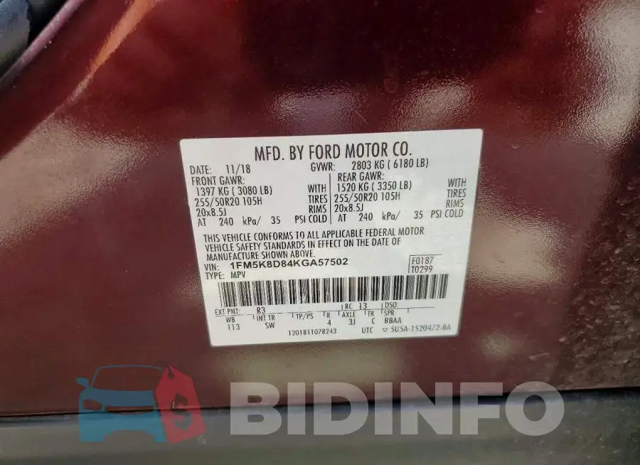 1FM5K8D84KGA57502 Photo# 13