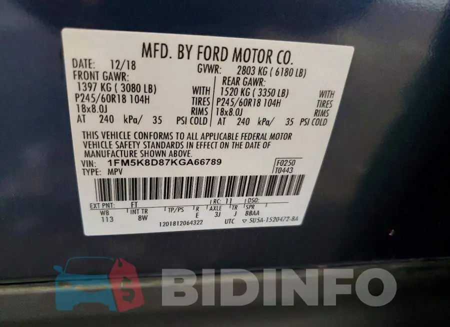 1FM5K8D87KGA66789 Photo# 13