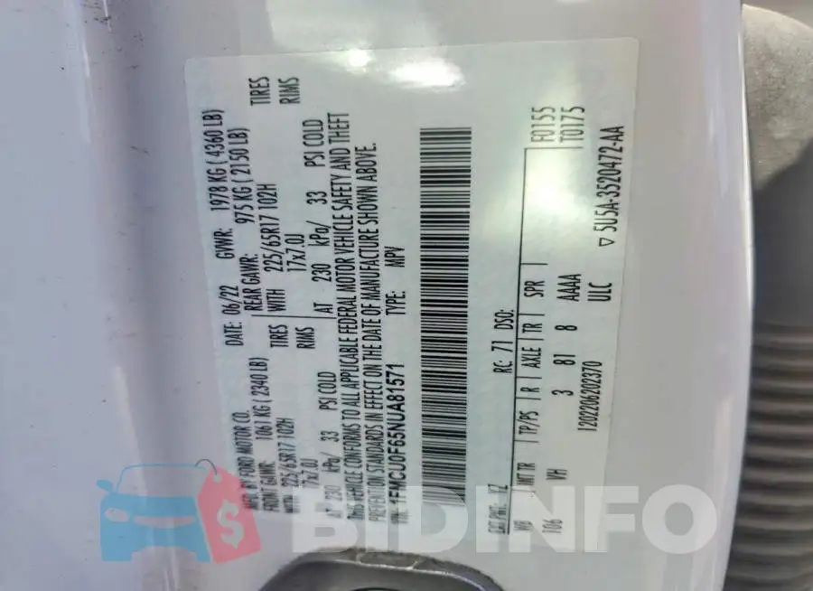 1FMCU0F65NUA81571 Photo# 12