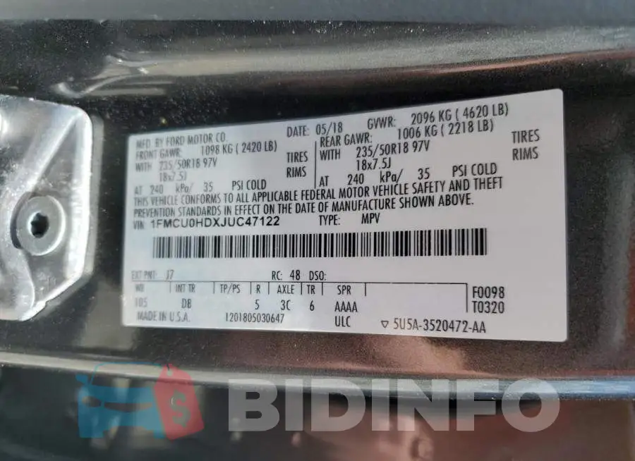 1FMCU0HDXJUC47122 Photo# 12