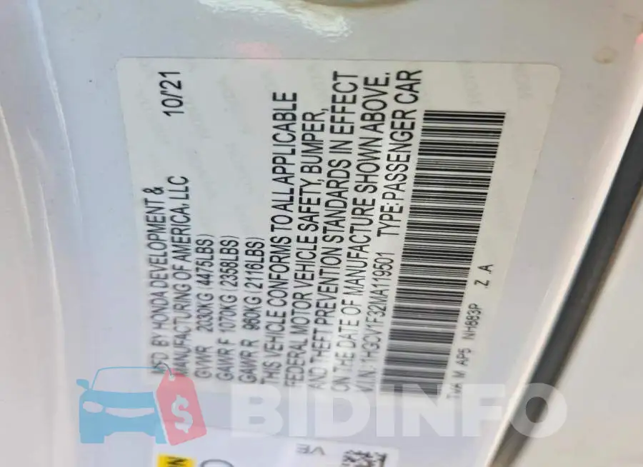 1HGCV1F32MA119501 Photo# 12