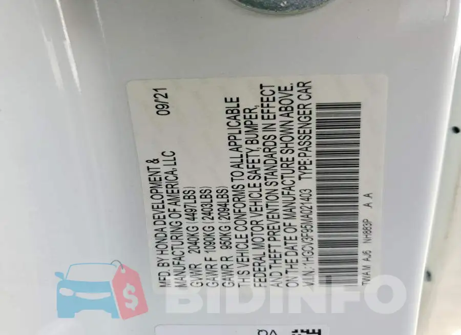 1HGCV3F95MA021403 Photo# 13