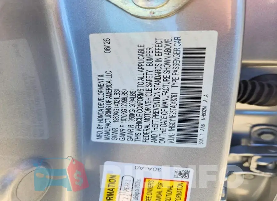 1HGCY1F25TA048761 Photo# 12