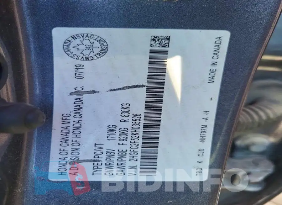 2HGFC2F52KH035526 Photo# 12