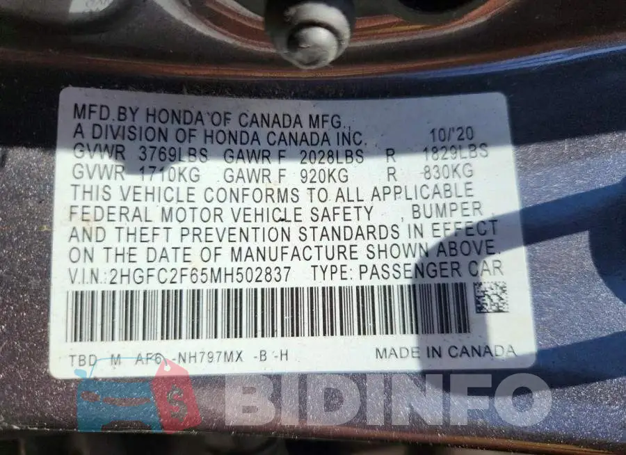 2HGFC2F65MH502837 Photo# 12