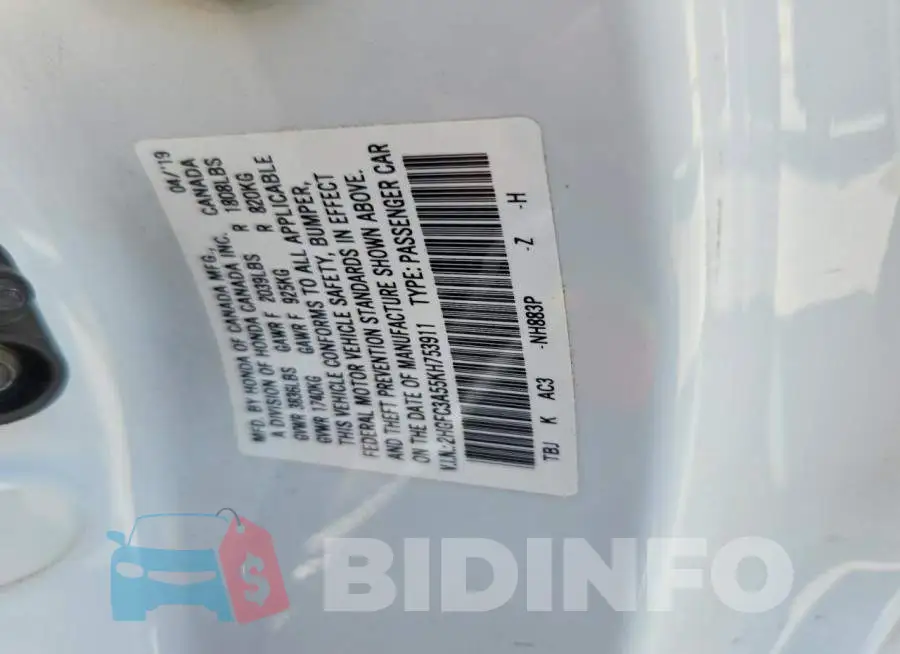 2HGFC3A55KH753911 Photo# 12