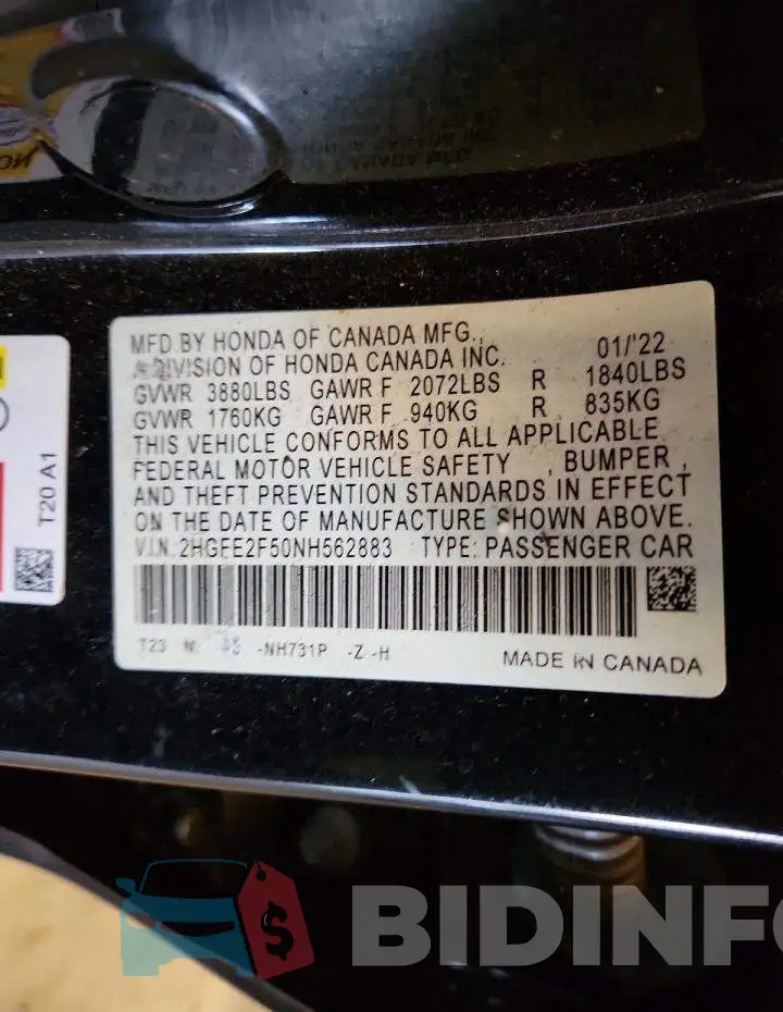 2HGFE2F50NH562883 Photo# 12