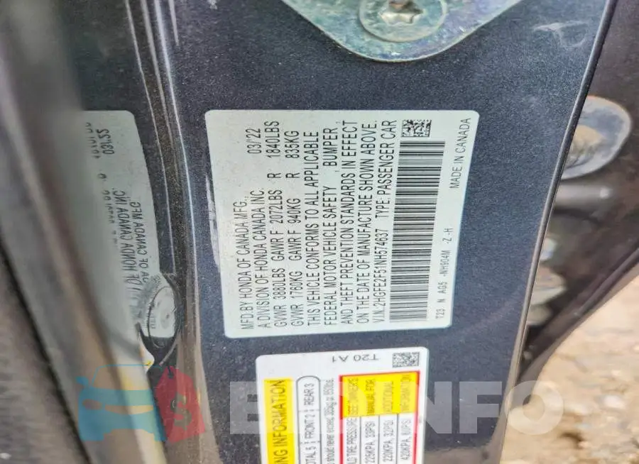 2HGFE2F51NH574637 Photo# 12