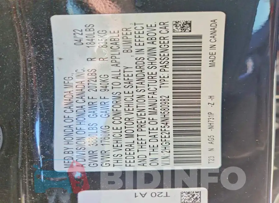 2HGFE2F54NH580982 Photo# 12