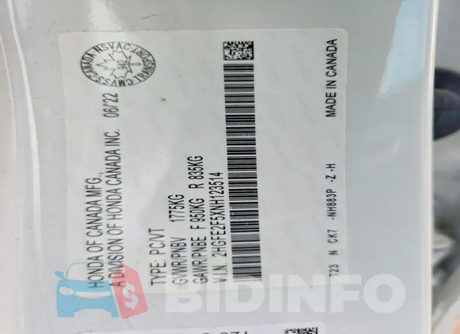 2HGFE2F5XNH123514 Photo# 12