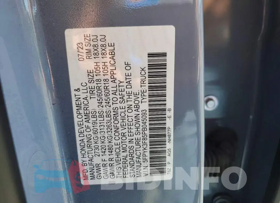 5FPYK3F85PB045093 Photo# 12
