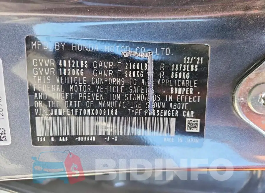 JHMFE1F70NX009168 Photo# 12
