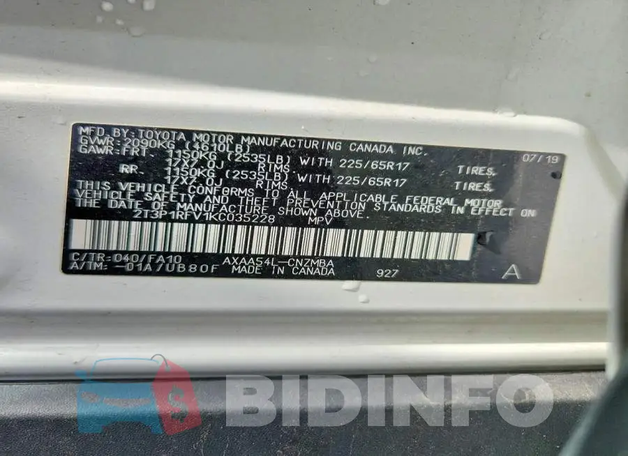 2T3P1RFV1KC035228 Photo# 13