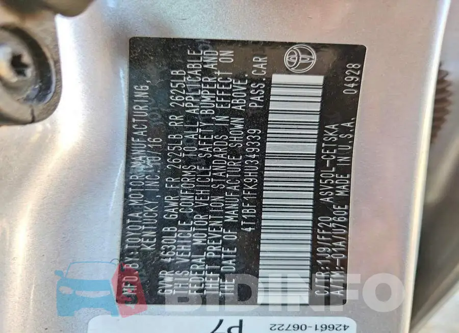 4T1BF1FK9HU349339 Photo# 13