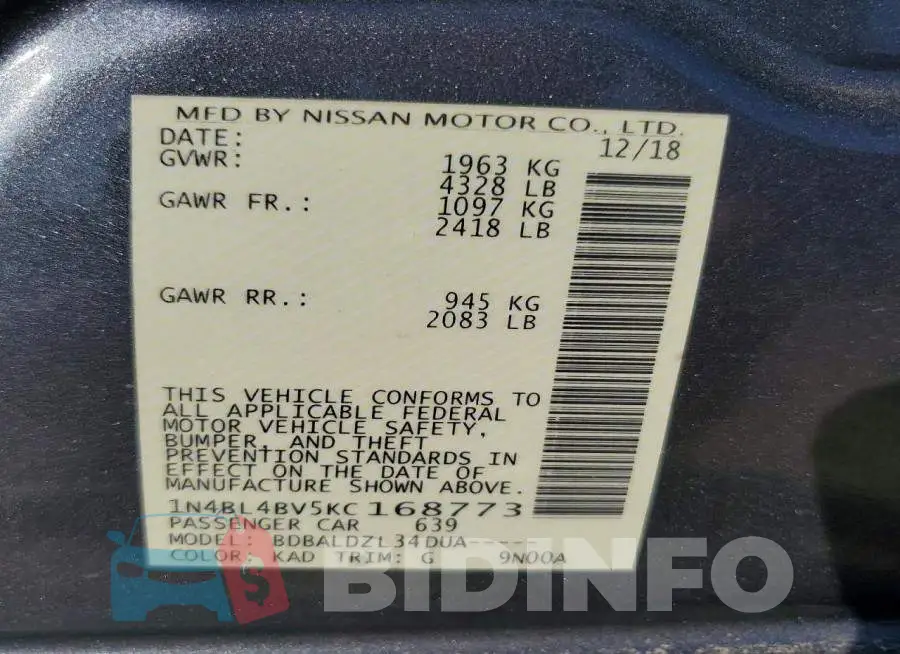 1N4BL4BV5KC168773 Photo# 13