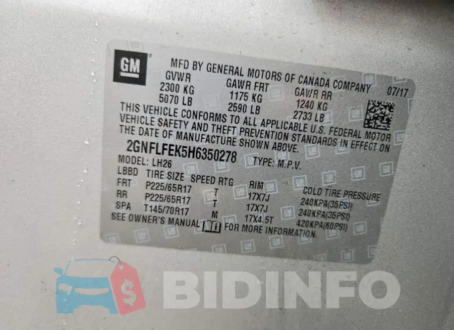 2GNFLFEK5H6350278 Photo# 13
