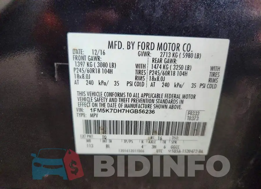 1FM5K7DH7HGB56236 Photo# 13