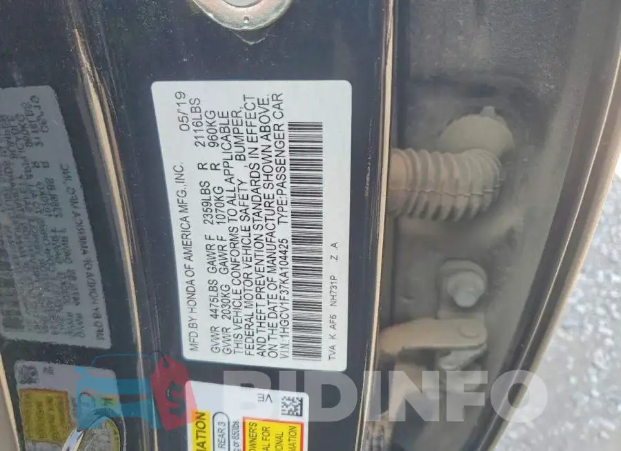 1HGCV1F37KA104425 Photo# 12