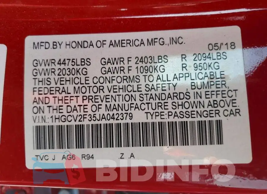 1HGCV2F35JA042379 Photo# 12