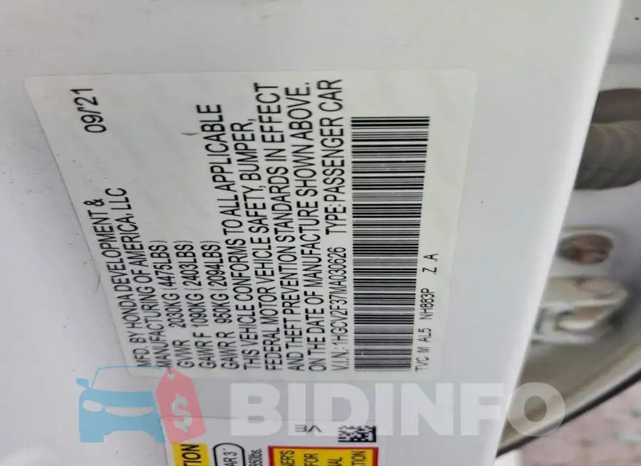 1HGCV2F37MA030626 Photo# 12