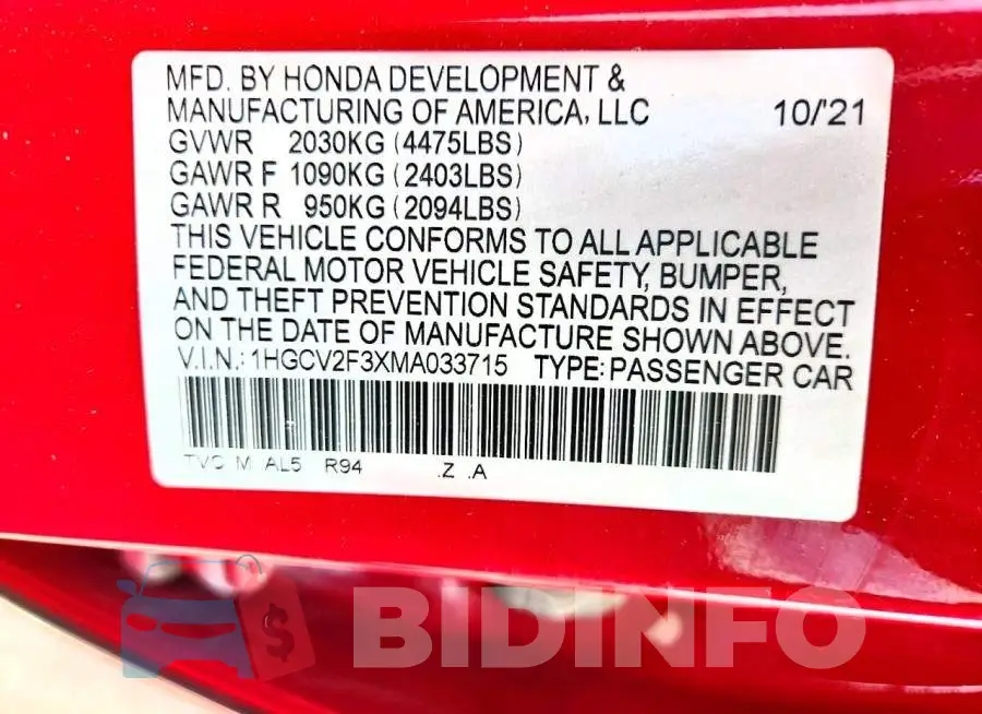 1HGCV2F3XMA033715 Photo# 12