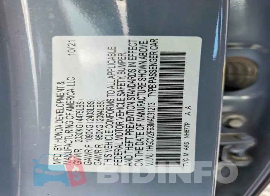 1HGCV2F93MA031213 Photo# 12
